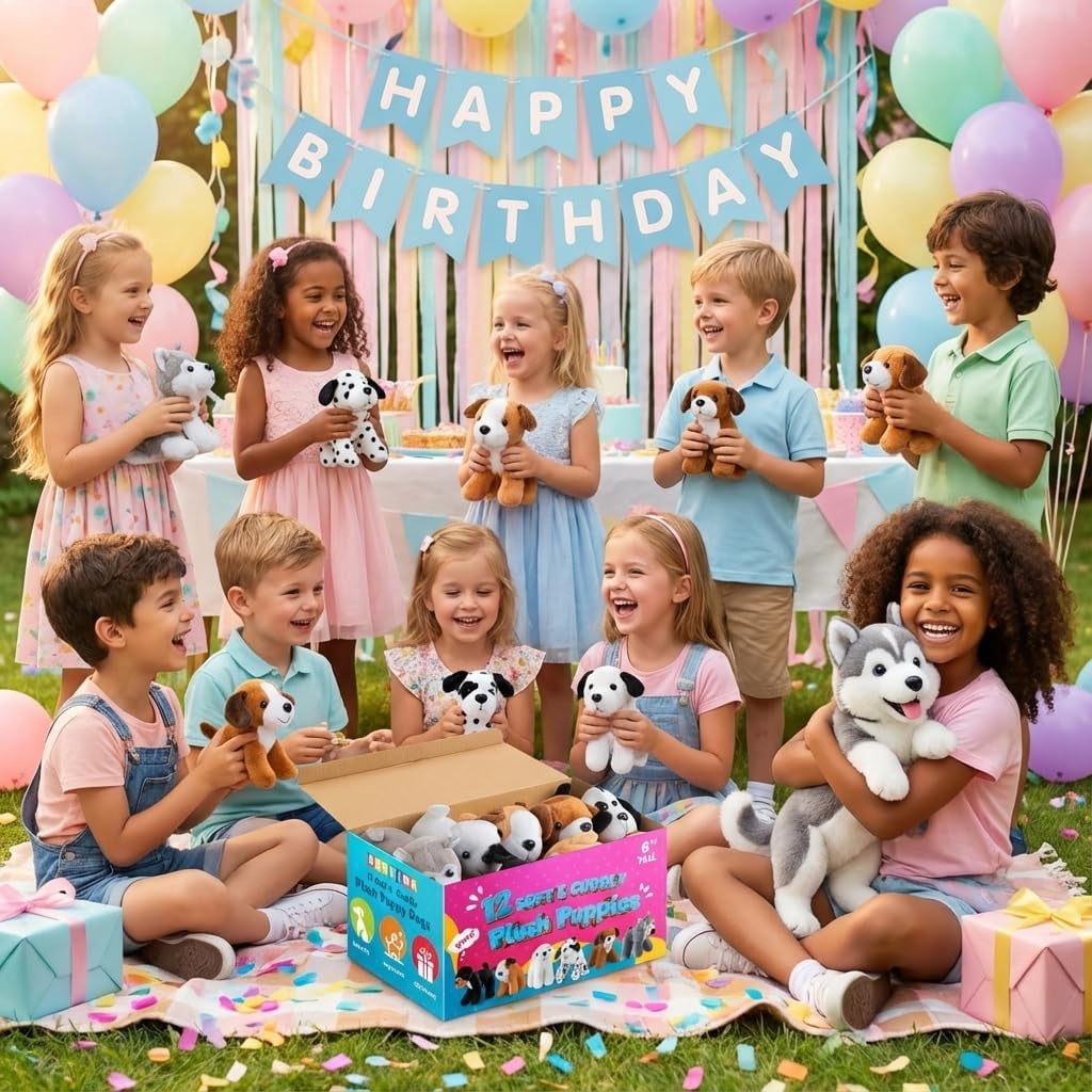 Bedwina Plush Puppy Dogs Pack of 12 – 6 Inch Soft Stuffed Animals Bulk Assorted Cute Dog Plush Toys for Kids, Stocking Stuffers, Birthday Gifts