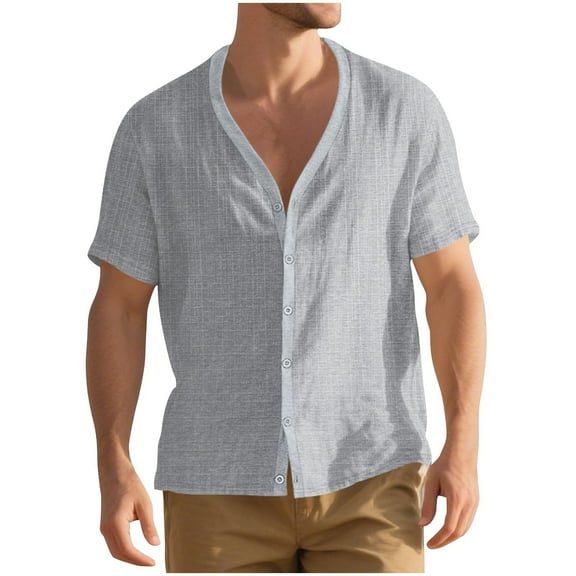 Ashirexll Mens Button up Shirts Short Sleeve, Big and Tall Shirts for Men, Casual V-neck Button up Shirts for Beach Short Sleeve Shirts Blouses