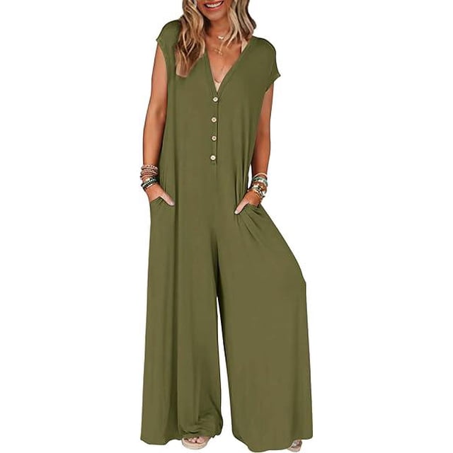 ZHAOCHENG Monos de mujer de verano 2024 con mangas cortas, escote en V profundo, botones, mono, pantalones de pierna ancha