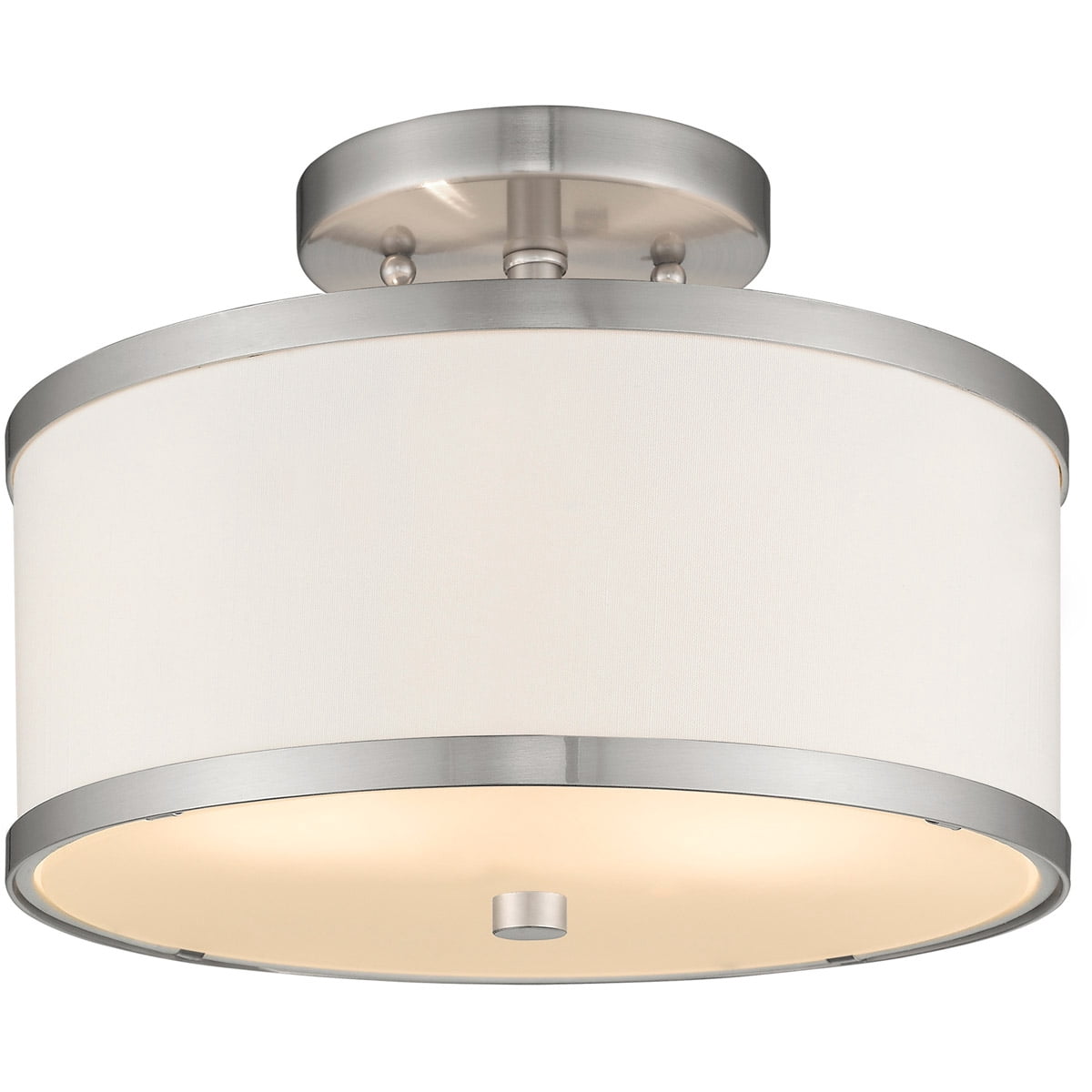 2 Light Brushed Nickel Ceiling Light fixture with Hand Crafted Off-White Fabric Hardback Shade