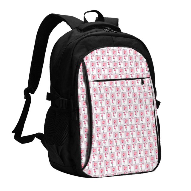 Balery Flamingo On Checkered Mochila con carga USB para hombre y mujer - Mochila impermeable y antirrobo para laptop con puerto USB para viajes, trabajo