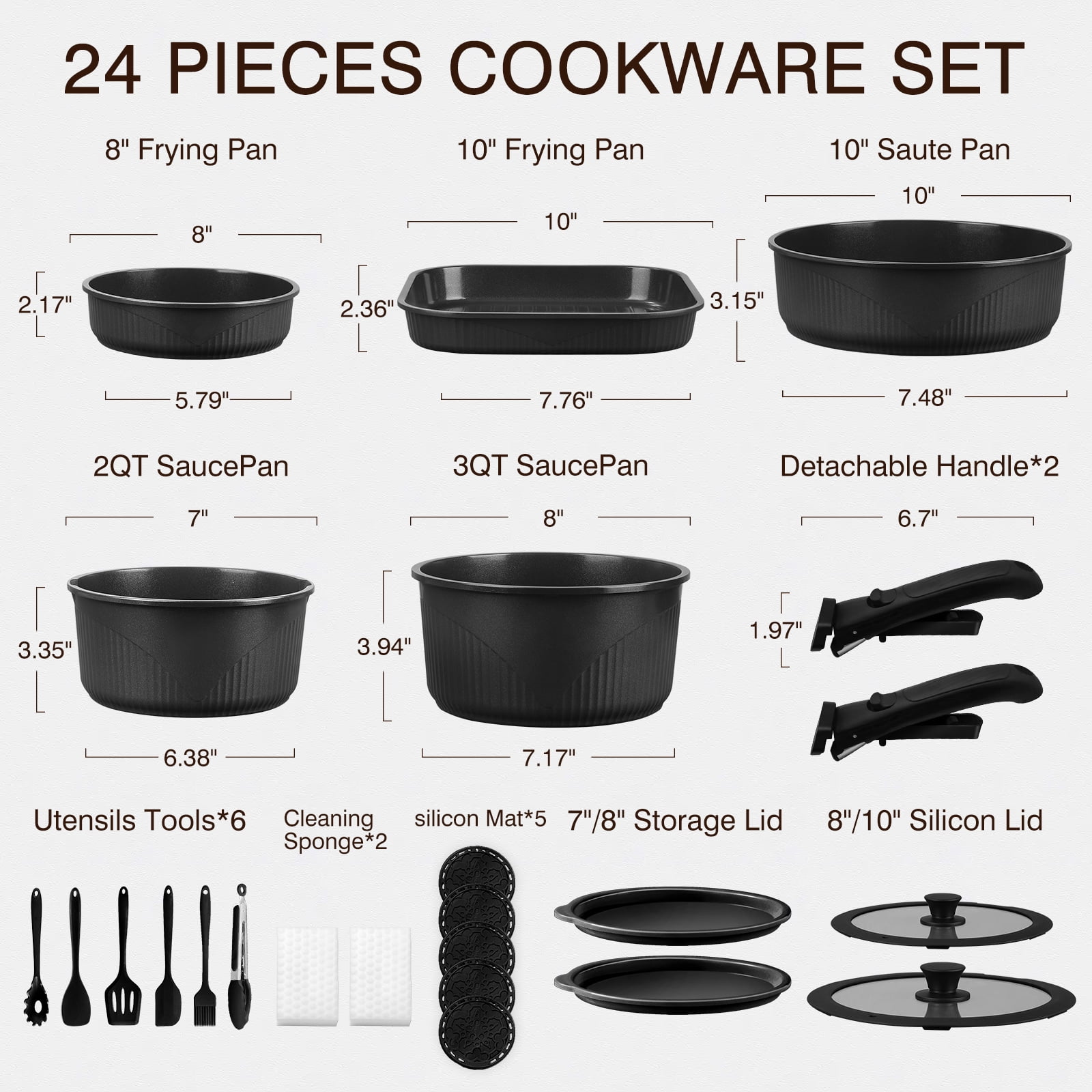 23pcs Pots and Pans Non Stick, Cookware Sets Detachable Handle, Induction Kitchen Pots and Pans,NonStick Cooking Set, Oven/Dishwasher/Fridge , Space Saving,Healthy Kitchen Cookware Sets