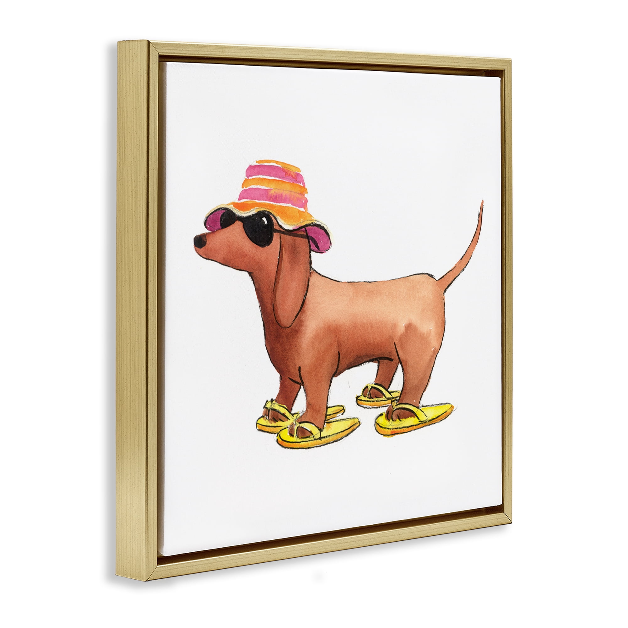 Stupell Industries Beach Dog Flip Flops Animals Painting Gold Floater Framed Canvas Art Print Wall Art, 18 x 18