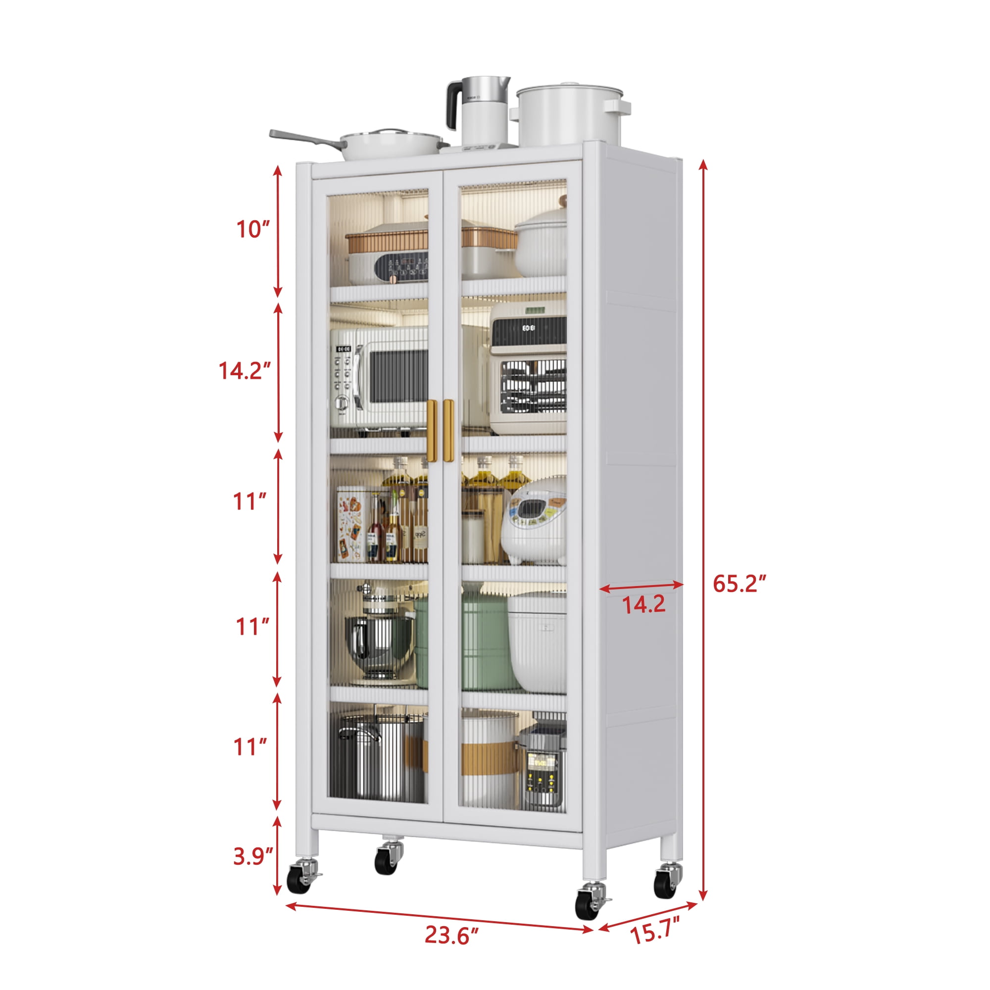 Royard Oaktree Metal Storage Cabinet with 2 Acrylic Glass Doors, 5-tier Kitchen Pantry Cupboard with Adjustable Shelves and Wheels, Tall Rolling Display Cabinet for Living Room Home Office, White