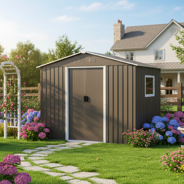 Homy Casa Metal Outdoor Storage Shed with Floor Frame, Window & Lockable Doors