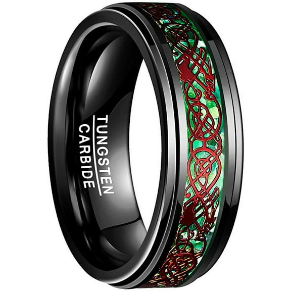 Men/Women 8mm Black Tungsten Carbide Wedding Ring Celtic Tungsten Ring Celtic Dragon Inlay Polished Finish Size 7-12