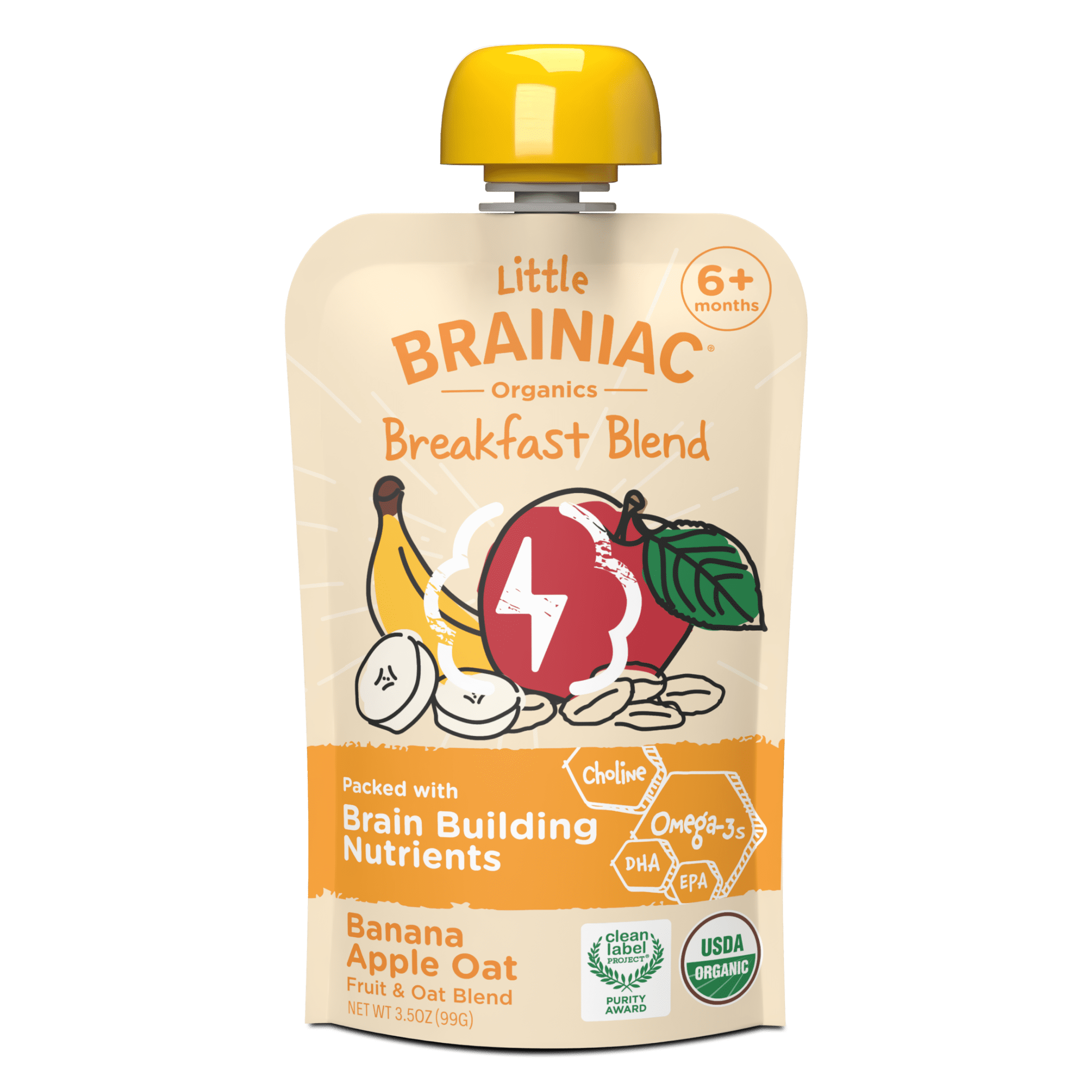(12 pack) Little Brainiac Organic Fruit & Oat Toddler Food with BrainPack, Banana Apple Oat, 3.5oz