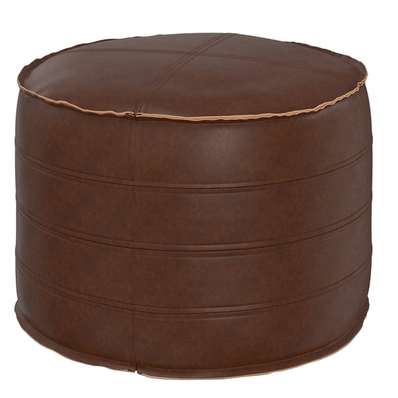 Simpli Home Simpli Home Brody Boho Round Pouf in Distressed Dark Brown Faux Leather
