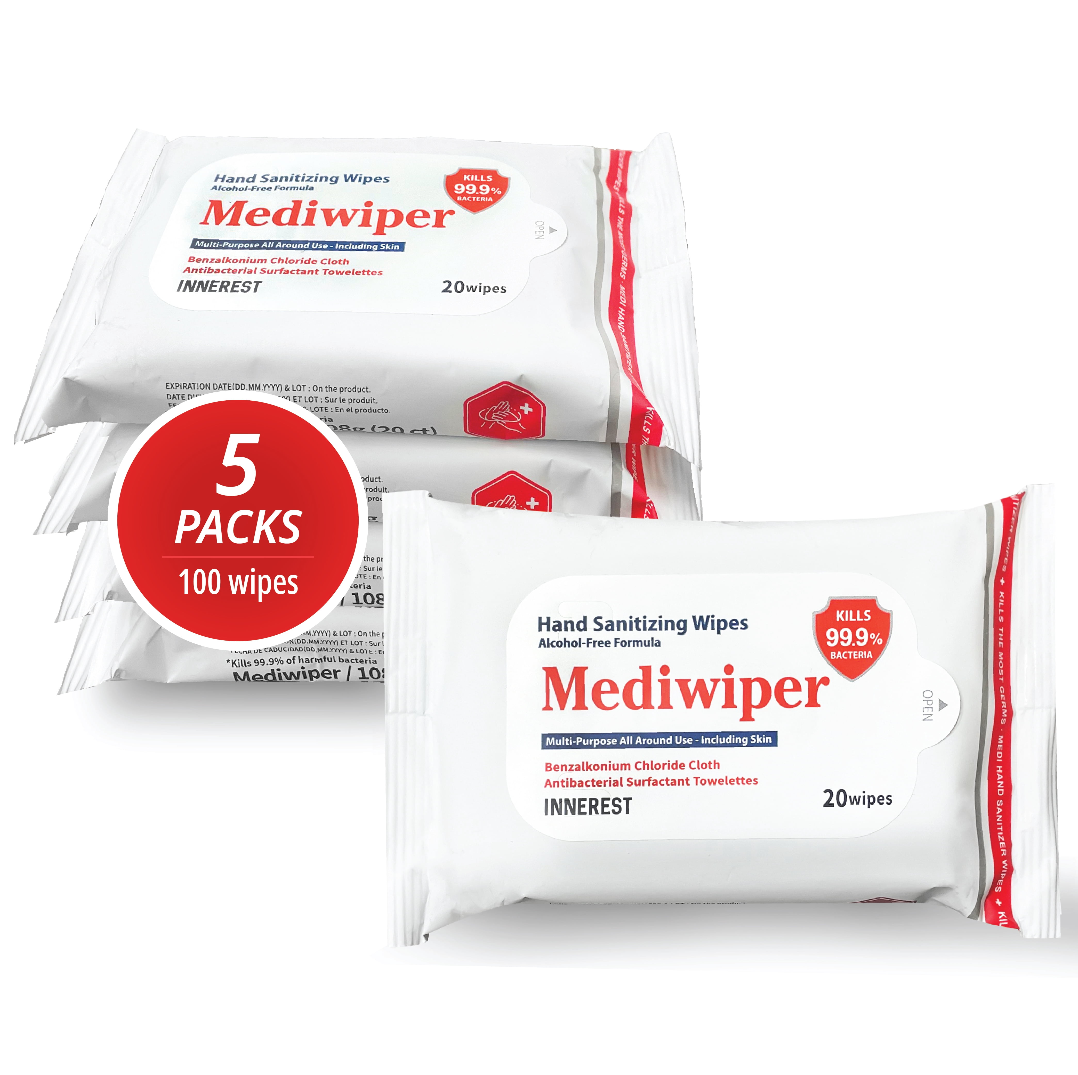 Mediwiper (100 Wipes) Antibacterial Hand Wipes Non Alcohol Travel