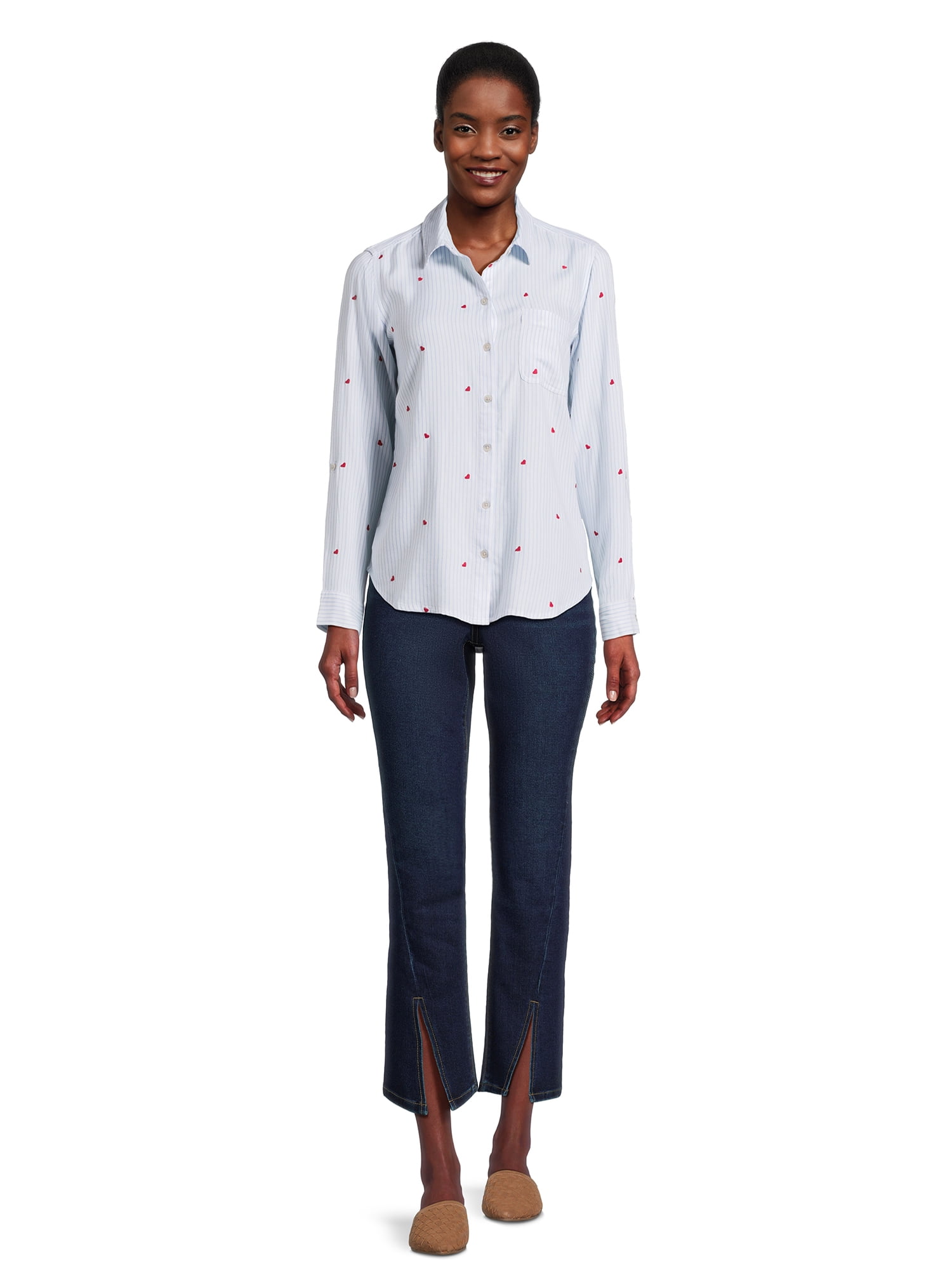 Time and Tru Women's Button Front Soft Shirt with Long Sleeves, Sizes XS-XXXL