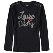 DKNY Girls 7-16 Grommet Long Sleeve Sequin Logo Shirt (Charcoal 12)