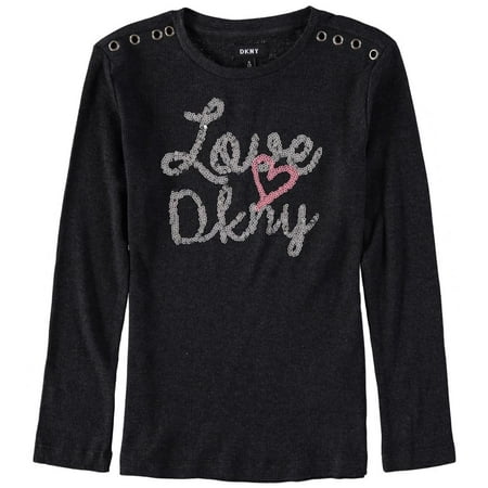 DKNY Girls 7-16 Grommet Long Sleeve Sequin Logo Shirt (Charcoal 12)