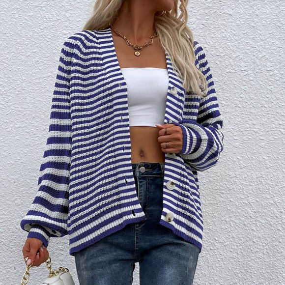 Ruimatai Chandail Décontracté pour Femme, Blouse à Rayures Imprimées, Cardigan à Boutons, Hauts à Manches Longues, Chandail