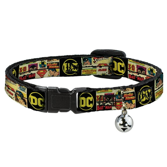 DC Comics Breakaway Cat Collar With Bell, Plastic Clip, Easy Adjustable, Vintage DC Comics Superhero and Logos Collage Black, 8.5 to 12 Inches 0.5 Inch Wide