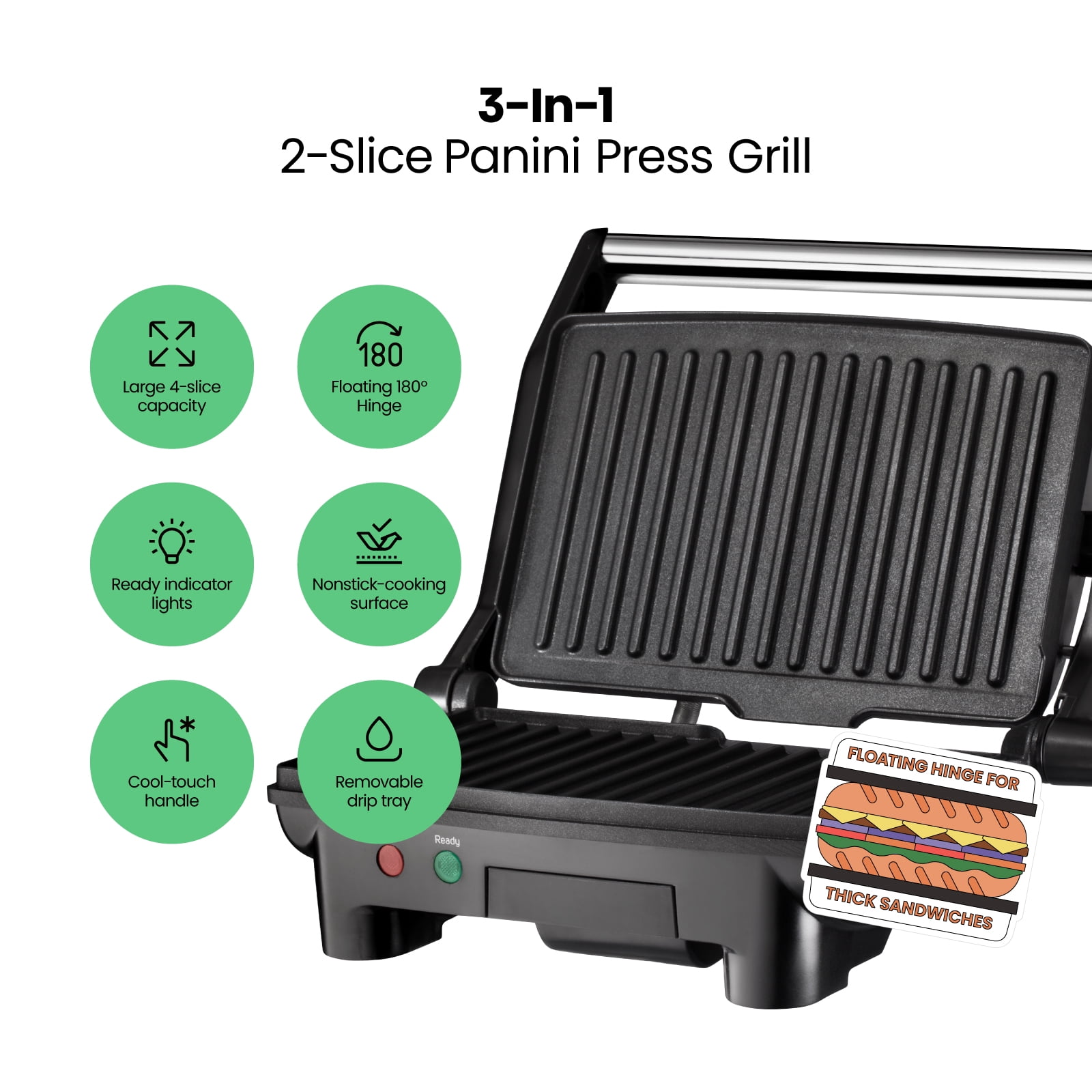 Chefman 3-in-1 Panini Press & Grill, 2-Slice Non-Stick, Opens Flat - Stainless Steel
