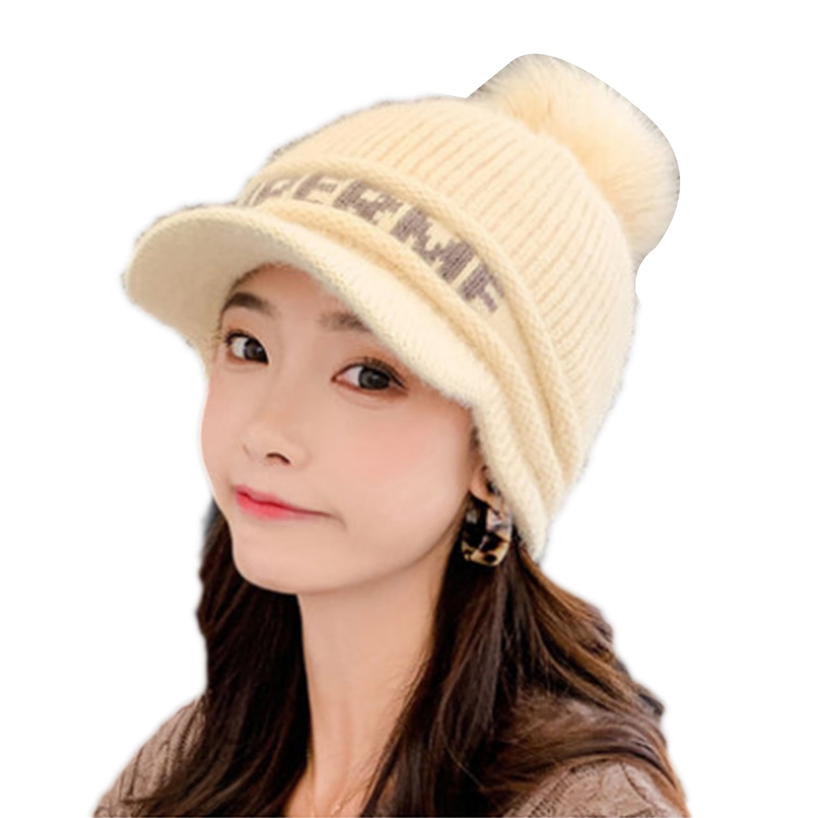 Vearear Fashion Women Autumn Winter Warm Letter Printed Knitted Cap Hats with Visor, Women's, Size: One size, Beige