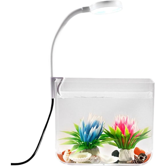 Mini Aquarium avec Lumière à Pince à DEL, Bol à Poissons Nano Carré, Lumière à Pince à Base Antidérapante pour Maison Chambre Salon Appartement
