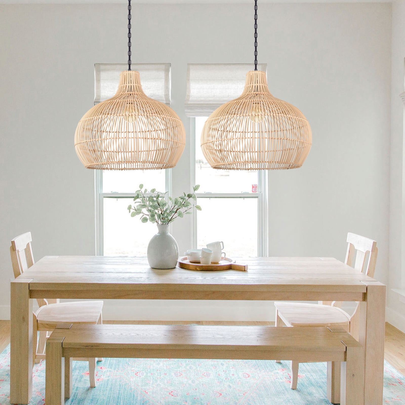 LittleGlovo Boho Home Decor Kitchen Island Rattan Bamboo Pendant Light Basket Weave Linear Chandelier