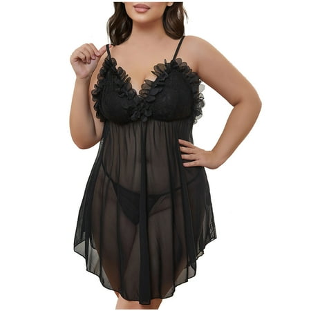 Wdfiry Women Mesh Lingerie Lace V-Neck Chemise Ruffle Nightgown Babydoll Underwear Sleepwear Nightdress +Panties