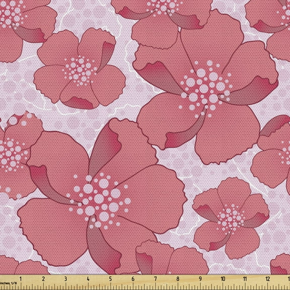 Flower Fabric by the Yard, Bicolour Pattern of Spring Thrill Mood Flowers with Dots Blossoming, Decorative Upholstery Fabric for Chairs & Home Accents, 5 Yards, Coral Pale Pink by Ambesonne