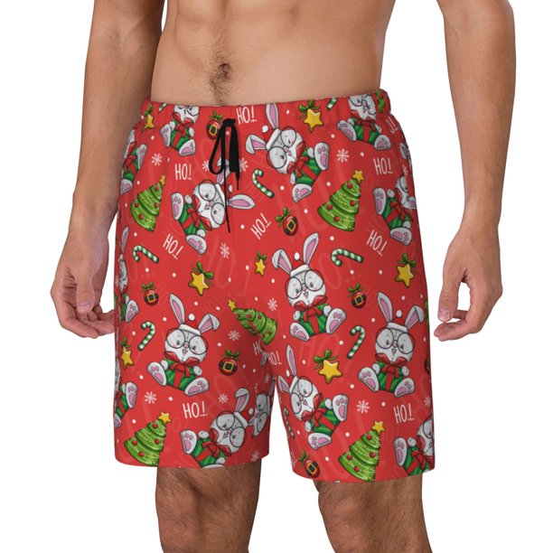 Fotbe Cute Christmas Bunny Traje de Baño para Hombre – Shorts de Natación de Secado Rápido con Forro y Bolsillos-Small
