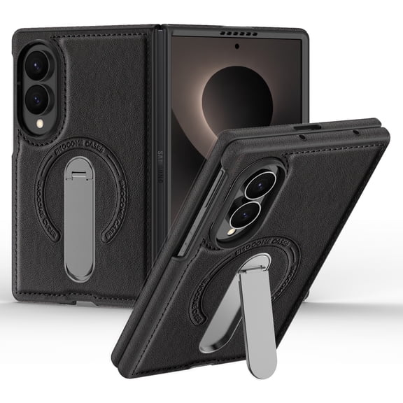 LHNUNP for Samsung Galaxy Z Fold 8 Case with Invisible Metal Stand, Compatible with Magsafe Slim Luxury Leather Anti Slip Mil-Grade Drop Shockproof Protection Case, Black