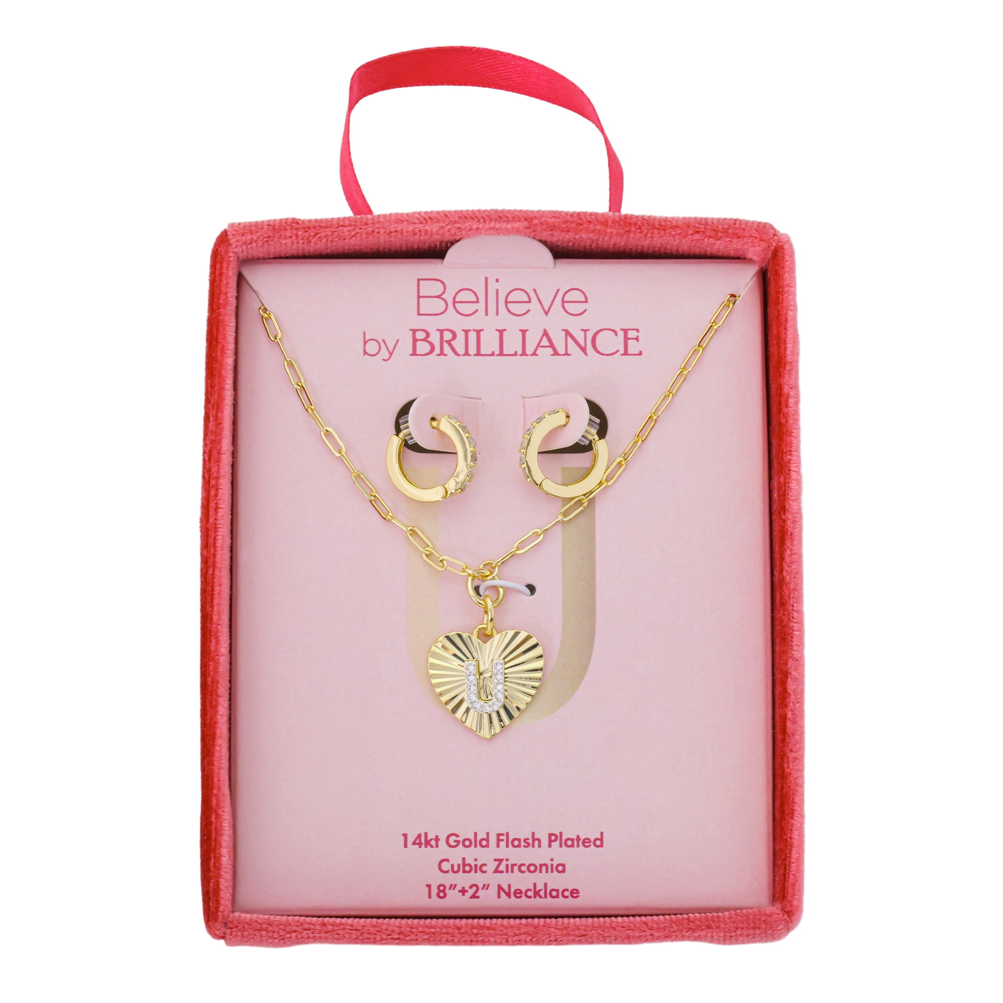 Believe by Brilliance Women's 14Kt Gold Flash Plated Cubic Zirconia Initial U Heart Pendant Necklace and Hoop Earring Set, 18+2"