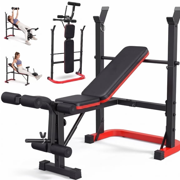 Folding Weight Bench Press Set with Barbell Rack, Adjustable Workout Bench