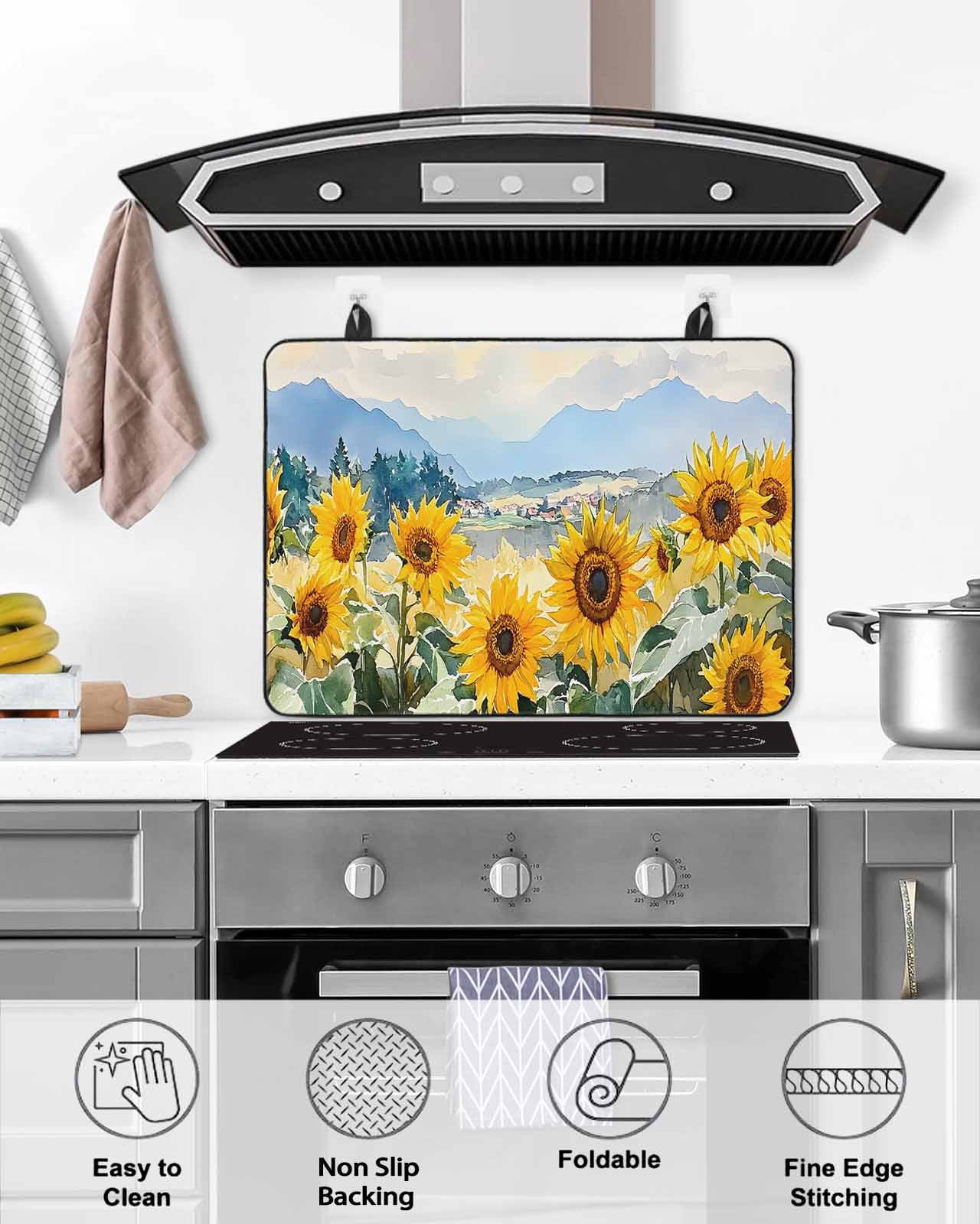 nqOlkjepod Large Induction Cooktop Protector Mat 24"x21", Sunflower Summer Stove Top Covers for Electric Stove, Farmhouse Field Vintage Flowers Stove Burner Cover Mats, Glass Top Stove Cover