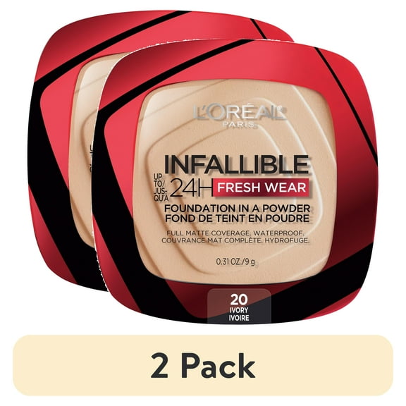 (2 pack) L'Oreal Paris Infallible Fresh Wear 24 Hr Powder Foundation Makeup, 020 Ivory, 1 fl oz