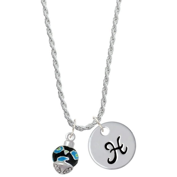 Delight Jewelry Silvertone Wide Hot Blue Cheetah Print Band Spinner Silvertone Script Initial Disc - H - Charm Necklace, 20"+3"