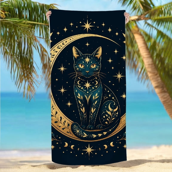 RKSupls 30x60inch Beach Towel Mystical Cat On Crescent Oversized Microfiber Beach Towel - Machine Washable Ultra-Soft Microfiber, Ideal for Bathroom beach yoga