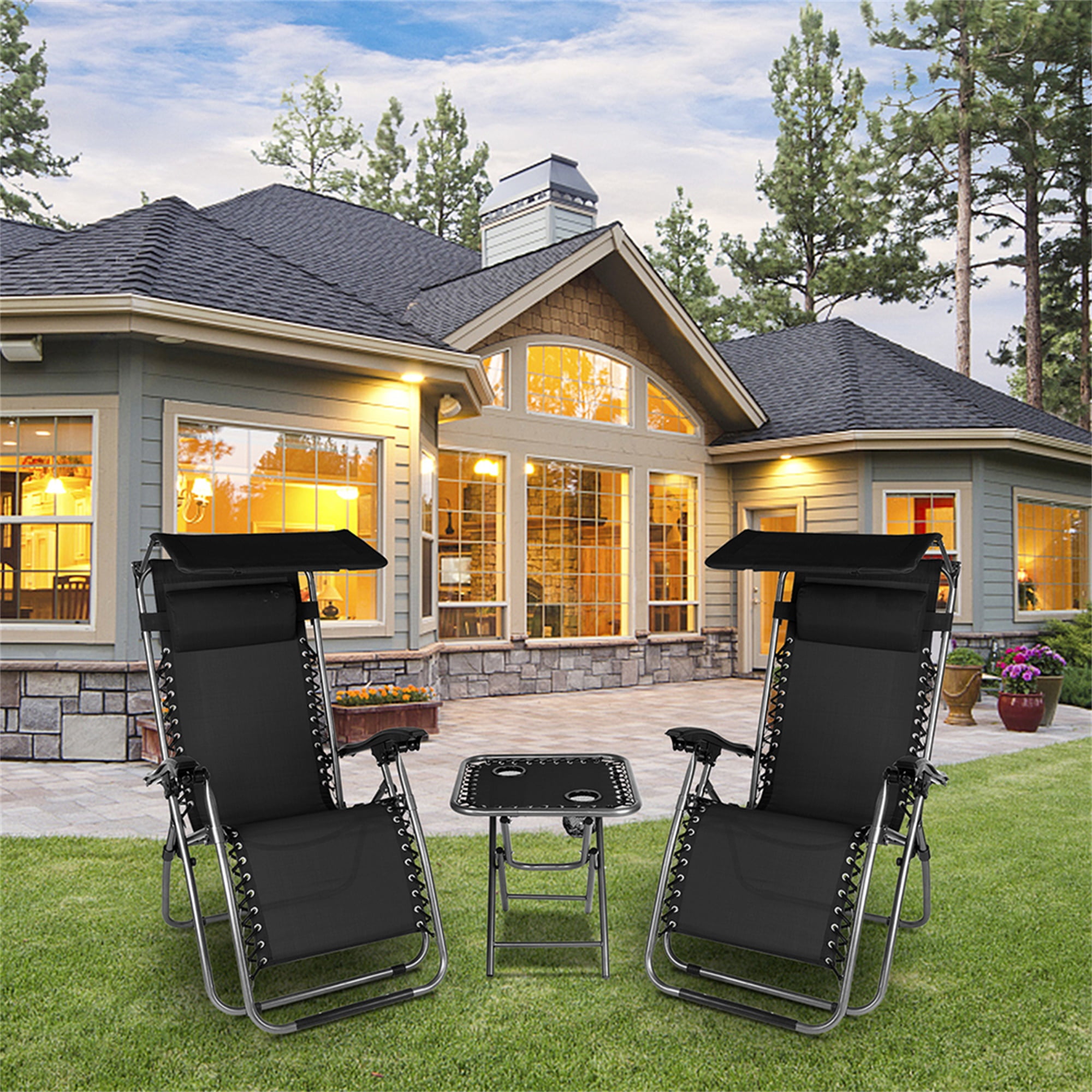Aimee Lii Zero Gravity Chair with Awning , Outdoor Lounge Patio Chairs with Pillow and Utility Tray Adjustable Folding Recliner for Deck,Patio,Beach,Yard,Black
