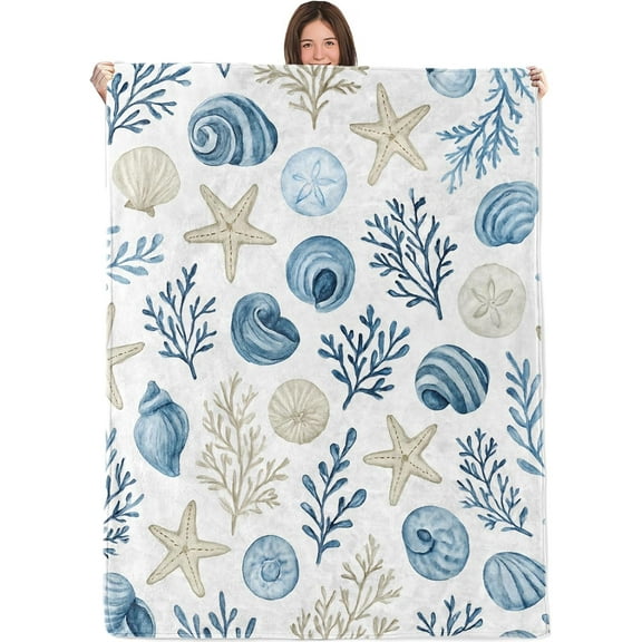 Nautical Coastal Blanket,50x60in,Cozy Flannel Throw with Seashell Coral Blue and Beige Beach Design,Soft Lightweight Gifts Blankets for Adults,Sofa Bed Travel Living Room Decor