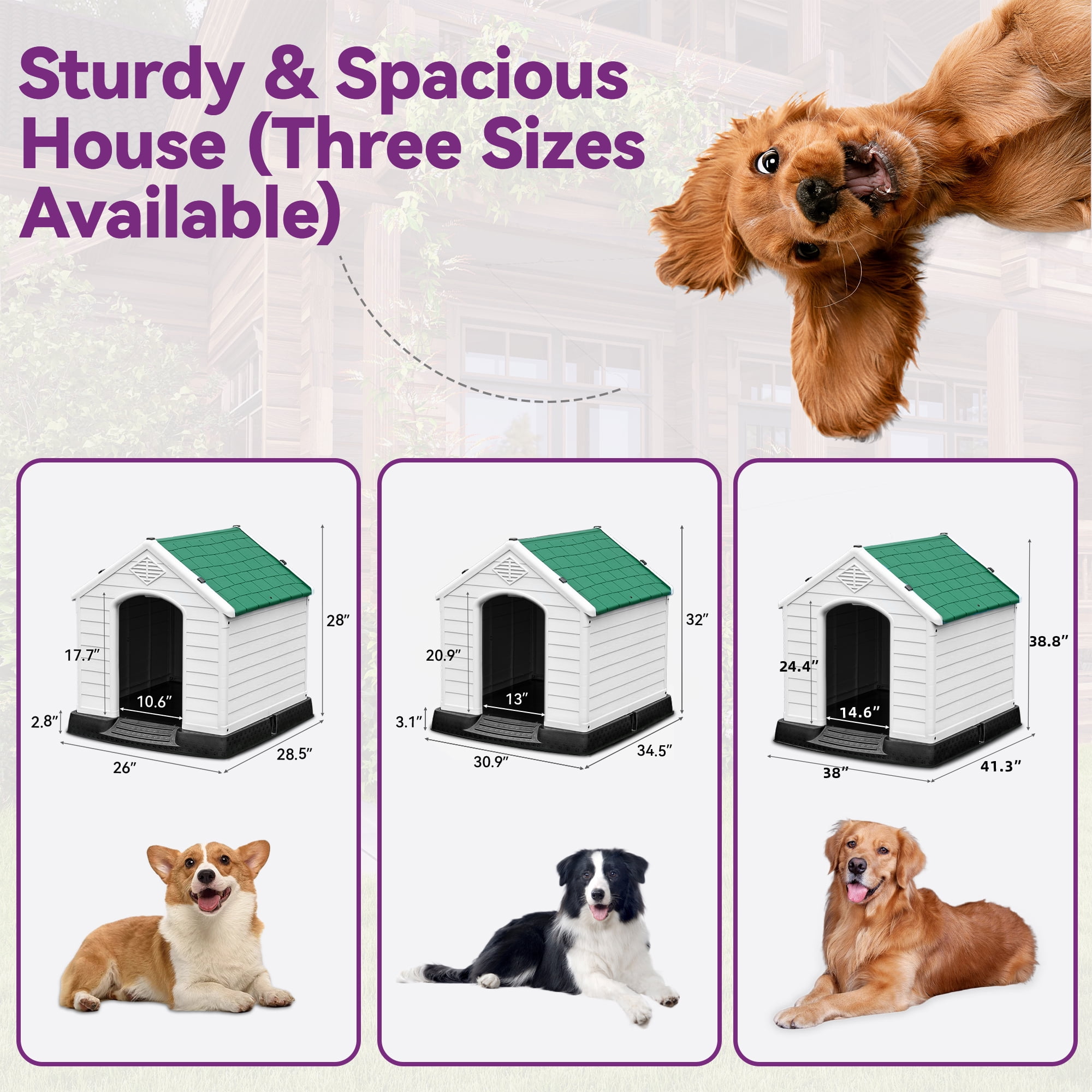 Dextrus Large Plastic Dog House Outdoor Indoor Dog Puppy Shelter Water Resistant with Air Vents and Elevated Floor (41''L*38''W*39''H, Green)