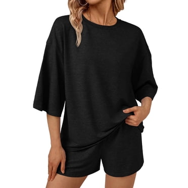 SUNBS 2 Piece Lounge Sets for Women Pajama 3/4 Sleeve Oversized Tshirts Elastic Waist Short With Pocket