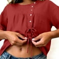 thumbnail image 6 of Mifsaly Vacation Tops for Women Button Down Short Sleeve Linen Shirts with Drawstring Hem Lightweight Flowy Loose Fit Textured Summer Boho Clothes Red,L, 6 of 7