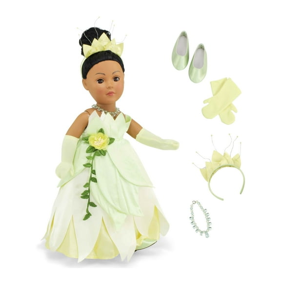 Emily Rose 18 Inch Doll Clothes | 18" Doll 5-Piece Princess Tiana-Inspired Dress Costume with Crown, Necklace, Gloves and Matching Doll Shoes | Compatible with American Girl and Similar Dolls