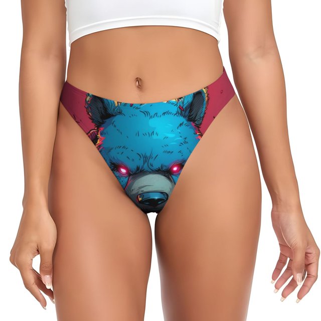 Balery Neon Cyberpunk Blue Bear Tangas de Algodón para Mujer con Estampado – Ropa Interior Sexy, Transpirable, G-string-3X-Large