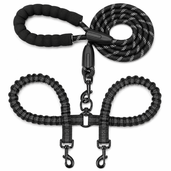 PLERISE Dual 360° Swivel Walking Leash with Bungee for Large Pets (25-150 lbs, Black)