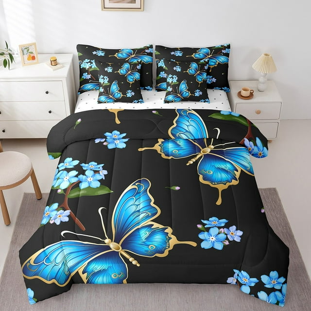 YST Ensemble de Literie 7 Pcs Butterfly avec Draps, Ensemble de Couette Floral pour Enfants, Double