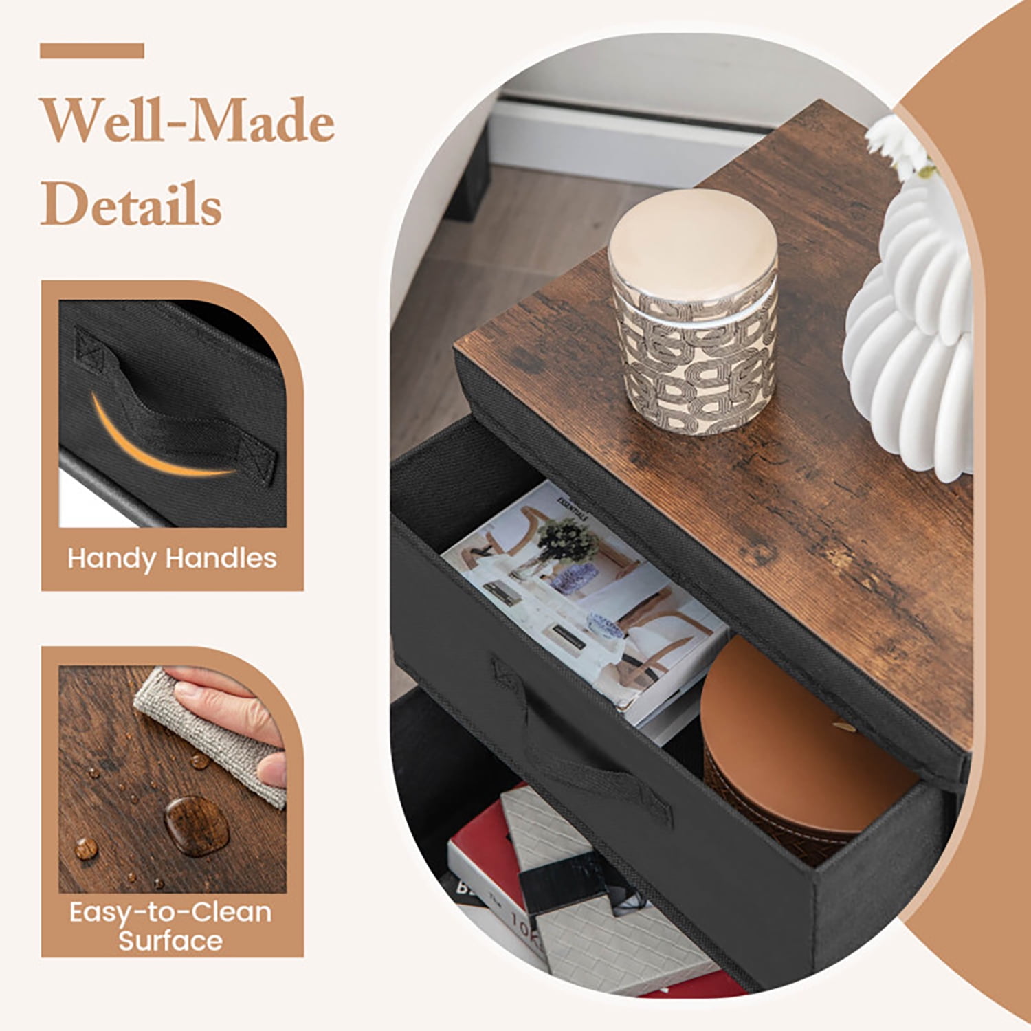 Kadyn Nightstand, 2 Drawer Dresser for Bedroom, Bedside Furniture, Night Stand, End Table with Fabric Bins,Black