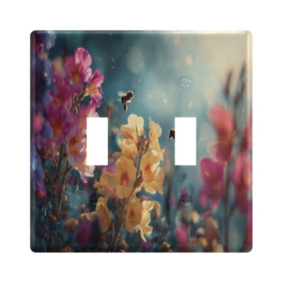 Bees Flying Around Flowers Spring Realistic Light Switch Cover Electrical Outlet Cover Replaceable Wall Plates 2-Gang