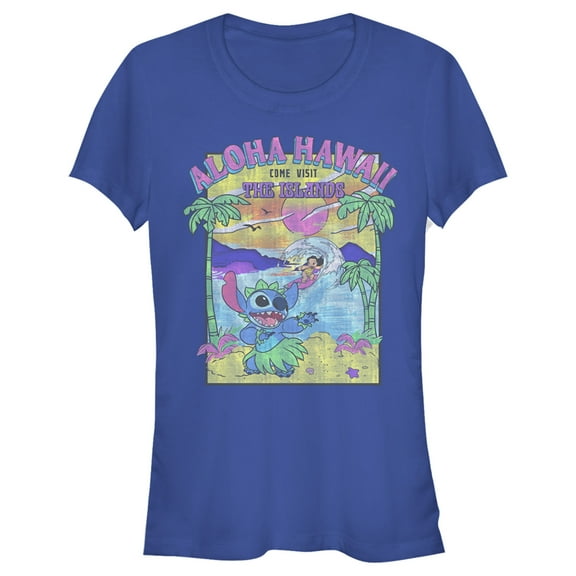 Junior's Lilo & Stitch Aloha Hawaii Come Visit the Islands Graphic Tee Royal Blue X Large