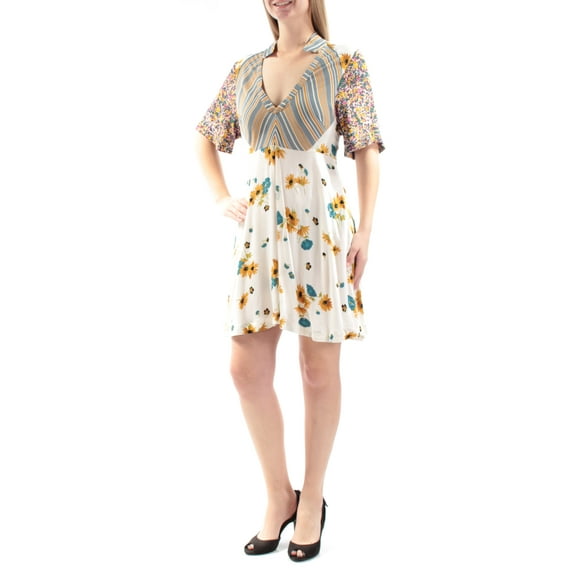 FREE PEOPLE Womens Ivory Floral Short Sleeve V Neck Above The Knee Sheath Dress  Size: 2