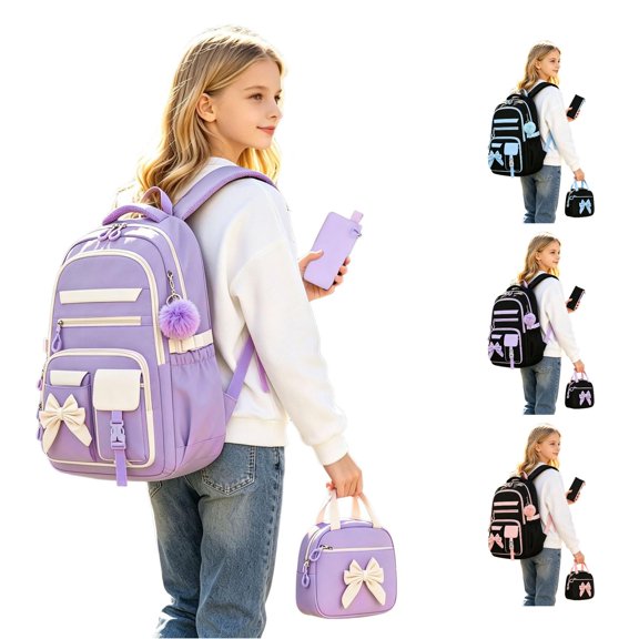 CUZIBR Girls Backpack Color Block 3Pcs Set With Lunch Bag Pencil Case Multi Pocket School Backpack Adjustable Padded Straps Large Capacity Book Bag For Girls School Daily Use
