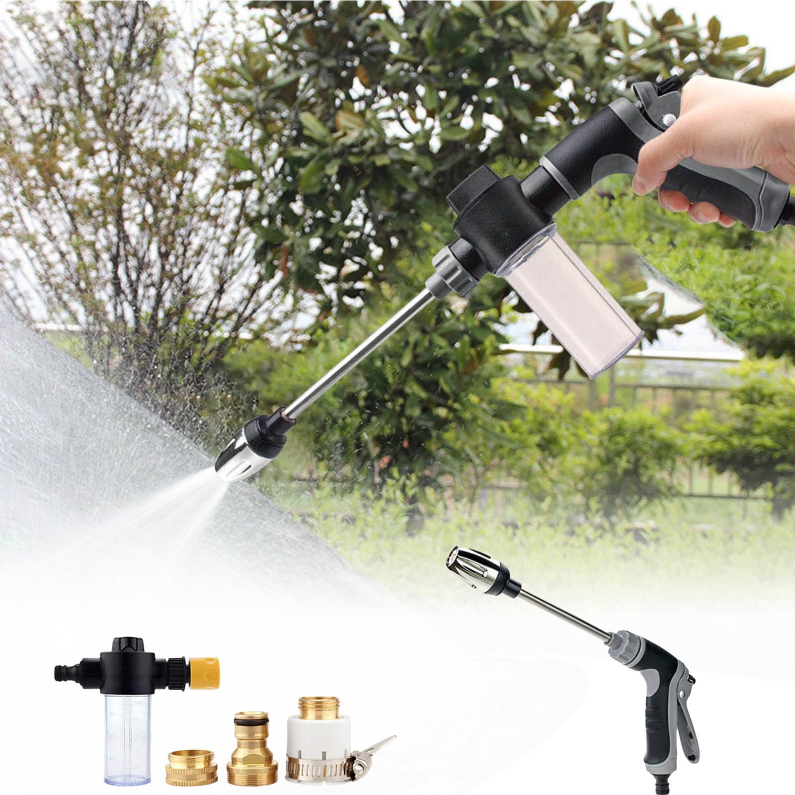 High Pressure Garden Hose Nozzle, Adjustable Water Spray Gun with Foam Cannon, Multi-Function Cleaning Wand for Car, Patio, Outdoor Cleaning (16.1" x 5.5")