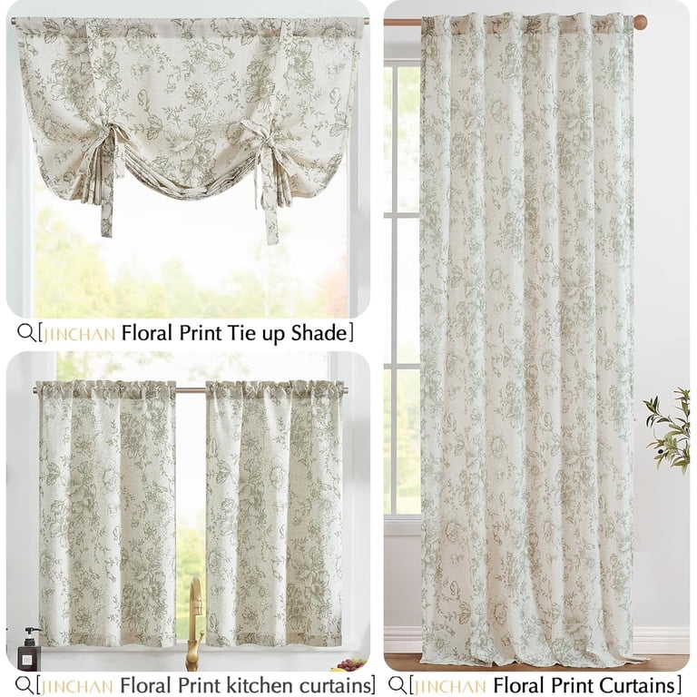 Hinthetall Hummingbird Floral Kitchen Curtain Set - 3 Piece Linen Tier & Valance For Farmhouse Windows, 36 Inch Length