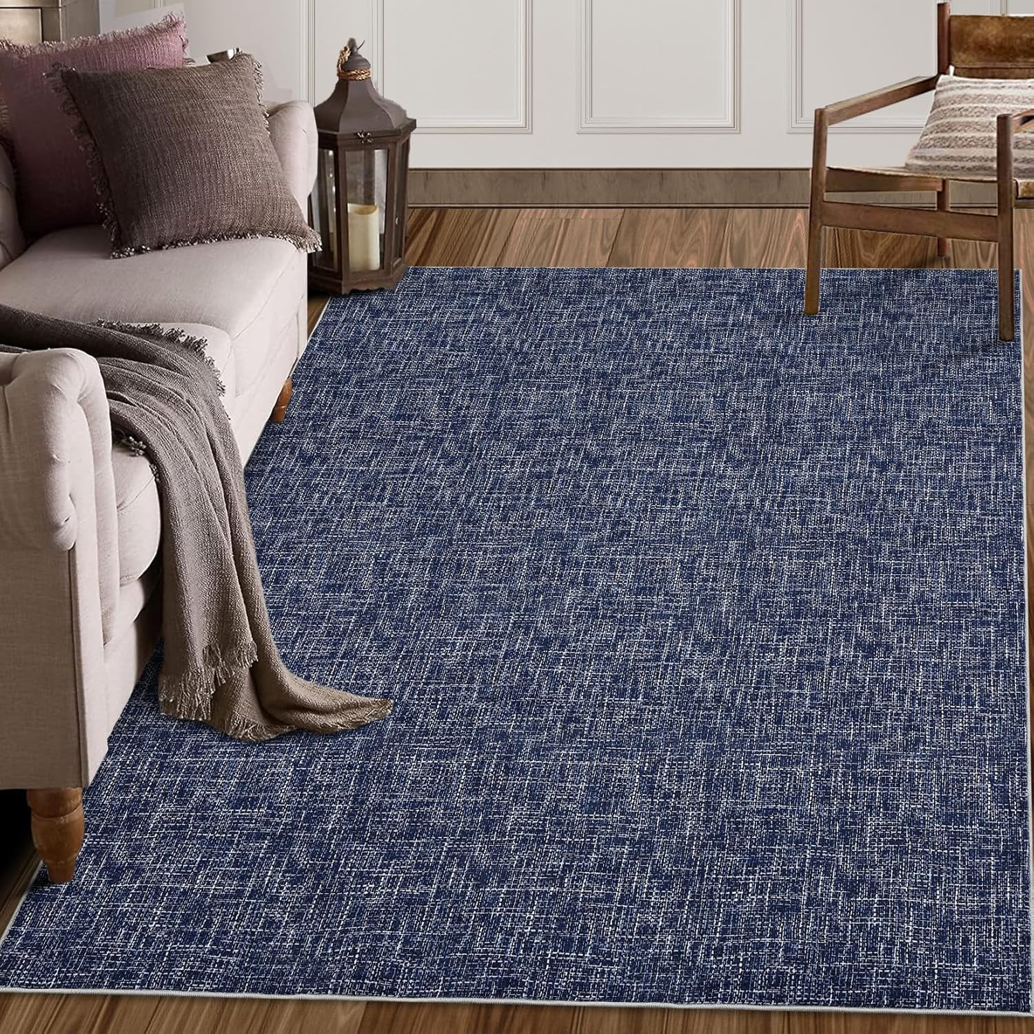 10x13 Washable Rug, Modern Abstract, Non-Slip, Large, Stain Resistant, Contemporary Rug, Aesthetic Accent, Floor Carpet, Foldable, Solid, Blue.