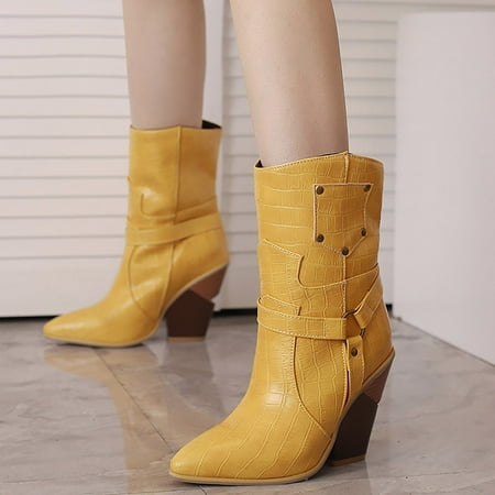 

Akiihool Womens Winter Boots Women s Mid Calf Western Cowgirl Boots Embroidered Cowboy Ankle Boots Heel Pointed Toe Fashion Festival Boots (Yellow 8)